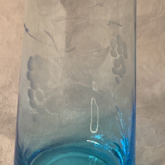 Ice Blue Bud Vase Etched Grapes 9.5” tall - Picture 2 of 4
